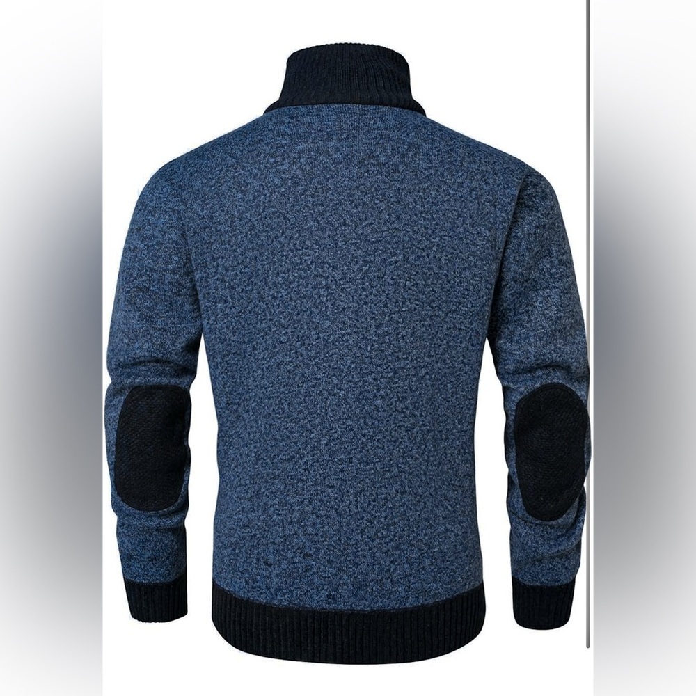 Men's Blue and Black Zip-Up Cardigan Sweater - Picture 2 of 7